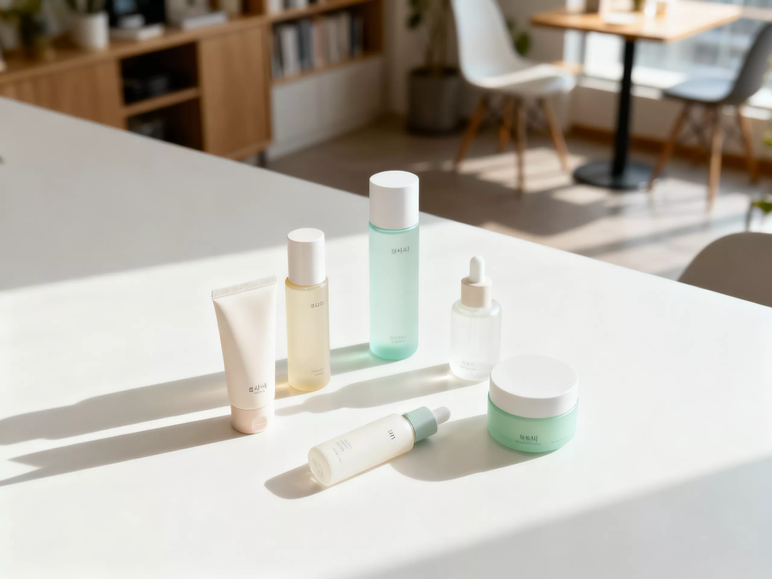 Niacinamide ไนอะซินาไมด์ ในผลิตภัณฑ์บำรุงผิวเกาหลีจัดเรียงอย่างสวยงามด้วยแสงธรรมชาติ