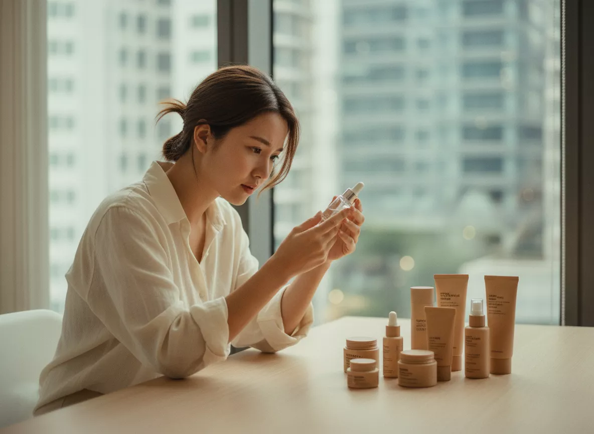 ผู้ประกอบการหญิงกำลังตรวจสอบผลิตภัณฑ์เครื่องสำอางเกาหลีในพื้นที่ทำงานสไตล์มินิมอล สะท้อนกระบวนการนำเข้าสินค้าจากเกาหลีอย่างมืออาชีพ