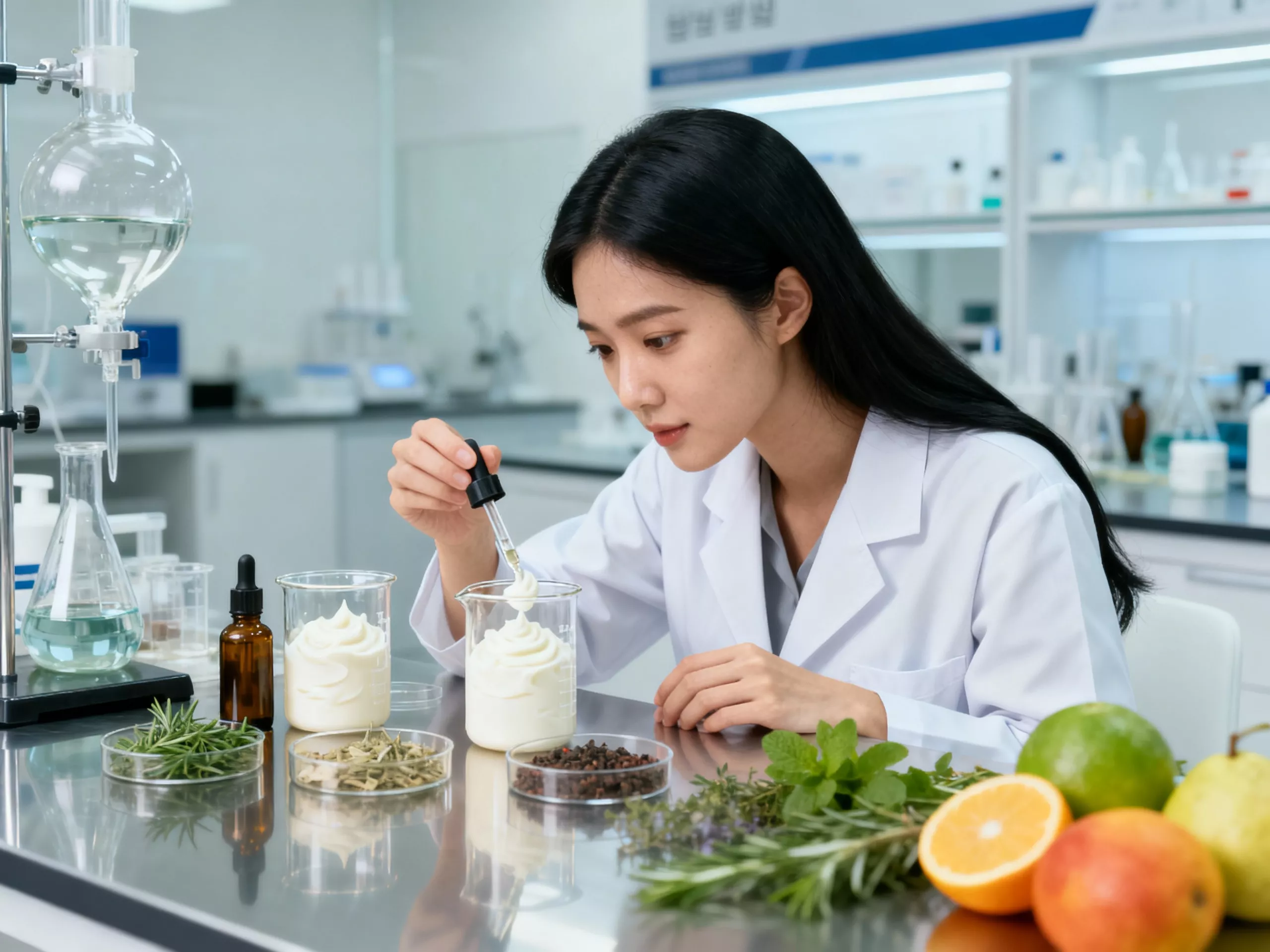 นักเคมีเครื่องสำอางหญิงเอเชียกำลังพัฒนาสูตรผลิต edible skincare ในห้องแล็บที่มีมาตรฐาน พร้อมอุปกรณ์วิทยาศาสตร์และวัตถุดิบธรรมชาติ