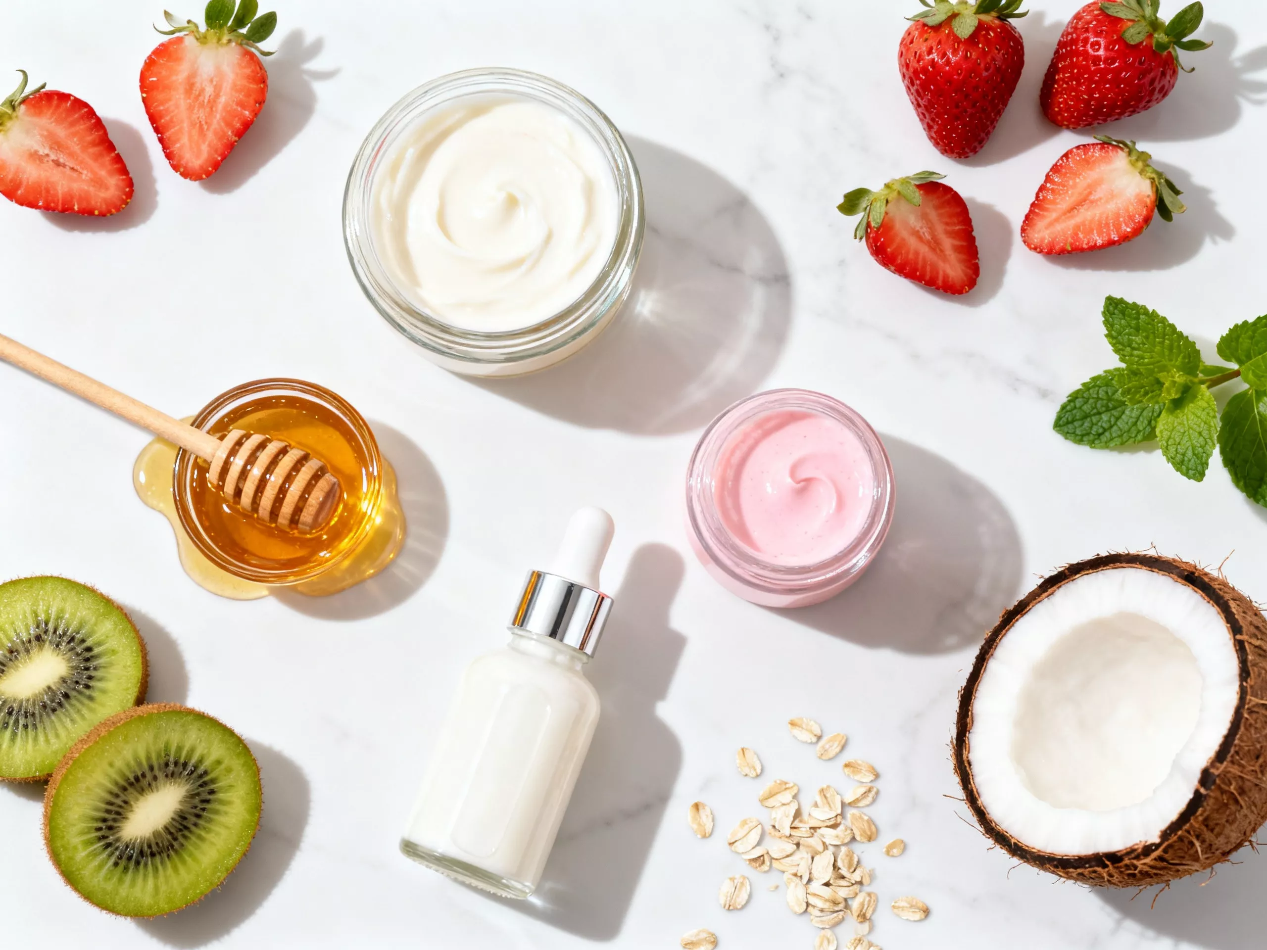 ผลิตภัณฑ์ edible skincare ธรรมชาติวางเรียงบนโต๊ะหินอ่อนสีขาว พร้อมวัตถุดิบจากธรรมชาติอย่างน้ำผึ้ง ผลไม้ และสมุนไพร