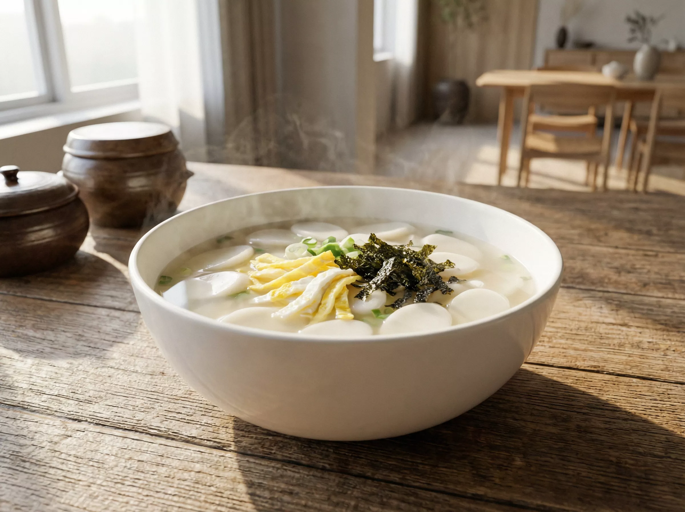 ชามซุป Tteokguk พร้อมข้าวเกาหลีสไลซ์บาง ในซุปน้ำใส ตกแต่งด้วยไข่และสาหร่ายบนโต๊ะไม้โทนอบอุ่น