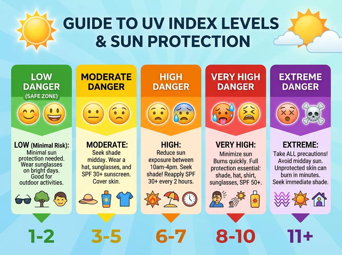 การเข้าใจระดับของ UV Index จะช่วยให้เราวางแผนปกป้องผิวได้อย่างเหมาะสมค่ะ นี่คือตารางเปรียบเทียบที่ควรจำ