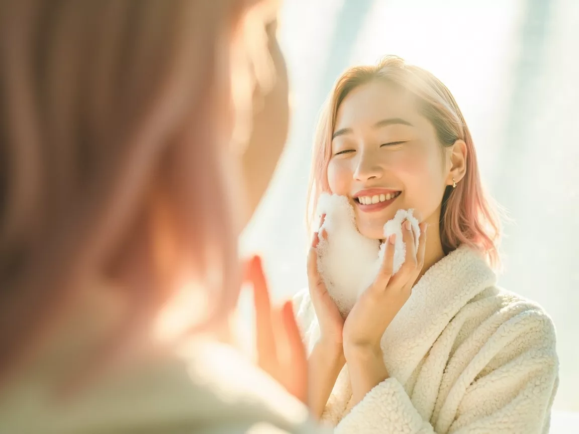 Young Asian woman with colored hair applying shampoo