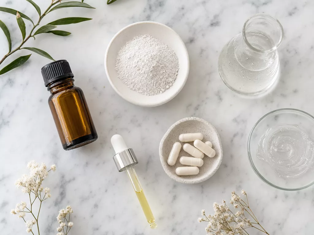 ส่วนผสม niacinamide silica tea tree oil zinc oxide flatlay