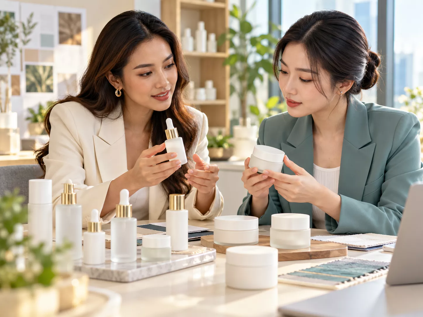 ตัวแทน OEM เกาหลี ภาพประกอบการคุยบรีฟและเปรียบเทียบตัวอย่างเครื่องสำอาง